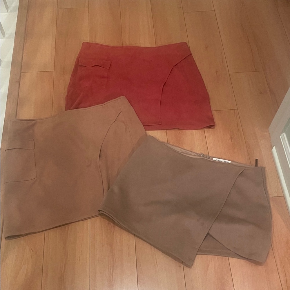 MINKPINK Mini Skirt Trio - Red, Tan, Brown